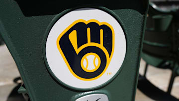 May 26, 2025; Milwaukee, Wisconsin, USA;  General view of a Milwaukee Brewers logo during warmups prior the game against the Boston Red Sox at American Family Field. Mandatory Credit: Jeff Hanisch-Imagn Images