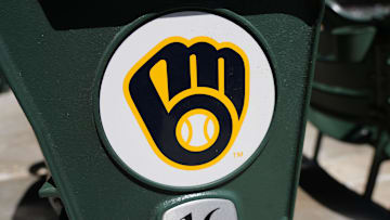 May 26, 2025; Milwaukee, Wisconsin, USA;  General view of a Milwaukee Brewers logo during warmups prior the game against the Boston Red Sox at American Family Field. Mandatory Credit: Jeff Hanisch-Imagn Images
