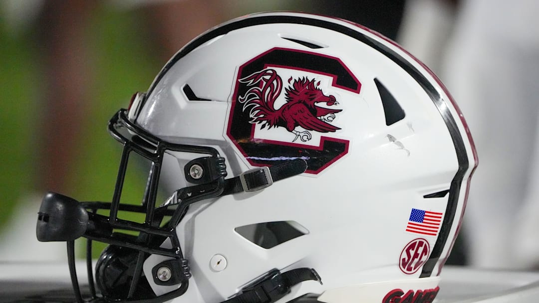 Sep 20, 2025; Columbia, Missouri, USA; A general view of a South Carolina Gamecocks helmet against the Missouri Tigers during the second half of the game at Faurot Field at Memorial Stadium. Mandatory Credit: Denny Medley-Imagn Images