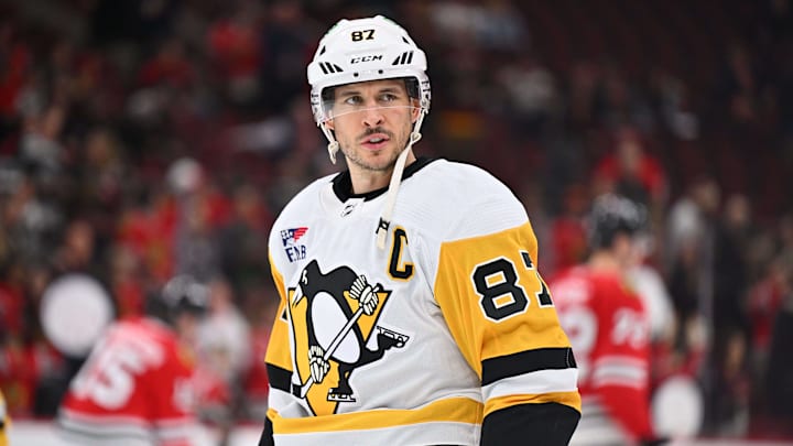 Feb 15, 2024; Chicago, Illinois, USA;  Pittsburgh Penguins forward Sidney Crosby (87) warms up before a game against the Chicago Blackhawks at United Center. Mandatory Credit: Jamie Sabau-Imagn Images