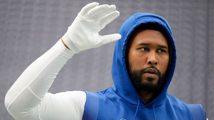 Indianapolis Colts defensive tackle DeForest Buckner (99) walks the field Sunday, Sept. 17, 2023, before a game against the Houston Texans at NRG Stadium in Houston