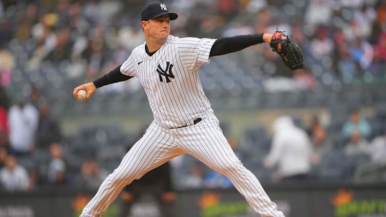 Apr 5, 2023; Bronx, New York, USA;  New York Yankees pitcher Gerrit Cole (45) delivers a pitch