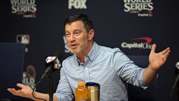 Oct 25, 2024; Los Angeles, California, USA; Los Angeles Dodgers president of baseball operations Andrew Friedman speaks in a press conference before game one against the New York Yankees in the 2024 MLB World Series at Dodger Stadium. Mandatory Credit: Jayne Kamin-Oncea-Imagn Images
