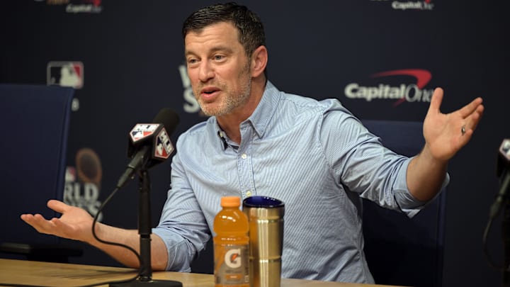 Oct 25, 2024; Los Angeles, California, USA; Los Angeles Dodgers president of baseball operations Andrew Friedman speaks in a press conference before game one against the New York Yankees in the 2024 MLB World Series at Dodger Stadium. Mandatory Credit: Jayne Kamin-Oncea-Imagn Images