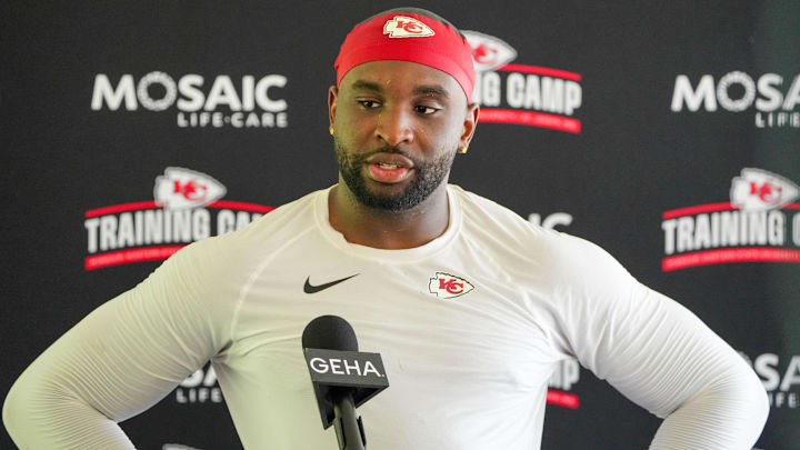 Jul 26, 2024; Kansas City, MO, USA;Kansas City Chiefs defensive end Felix Anudike-Uzomah (97) speaks to the media after training camp at Missouri Western State University. Mandatory Credit: Denny Medley-Imagn Images