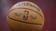 Mar 25, 2024; Cleveland, Ohio, USA; A general view of an official NBA game basketball in the second quarter of a game between the Cleveland Cavaliers and the Charlotte Hornets at Rocket Mortgage FieldHouse.