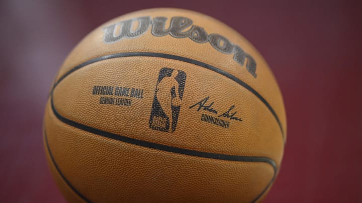 Mar 25, 2024; Cleveland, Ohio, USA; A general view of an official NBA game basketball in the second quarter of a game between the Cleveland Cavaliers and the Charlotte Hornets at Rocket Mortgage FieldHouse.