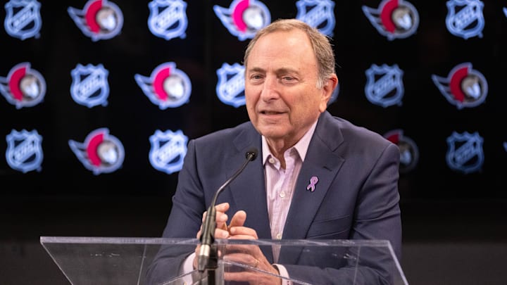 Nov 19, 2024; Ottawa, Ontario, CAN; NHL commissioner Gary Bettman speaks to the media prior to game between the Edmonton Oilers and the Ottawa Senators at the Canadian Tire Centre. Mandatory Credit: Marc DesRosiers-Imagn Images
