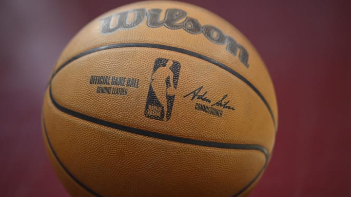 Mar 25, 2024; Cleveland, Ohio, USA; A general view of an official NBA game basketball in the second quarter of a game between the Cleveland Cavaliers and the Charlotte Hornets at Rocket Mortgage FieldHouse. Mandatory Credit: David Richard-USA TODAY Sports