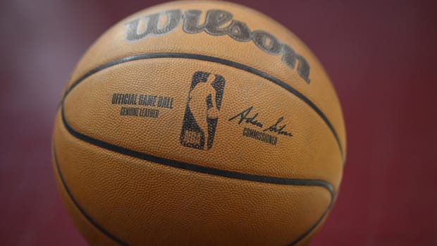 Mar 25, 2024; Cleveland, Ohio, USA; A general view of an official NBA game basketball in the second quarter of a game between the Cleveland Cavaliers and the Charlotte Hornets at Rocket Mortgage FieldHouse. Mandatory Credit: David Richard-USA TODAY Sports