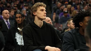 Mar 25, 2023; Sacramento, California, USA; Utah Jazz forward Lauri Markkanen (23) sits on the bench during the fourth quarter against the Sacramento Kings at Golden 1 Center. Mandatory Credit: Darren Yamashita-Imagn Images
