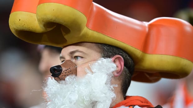 Dec 28, 2023; Cleveland, Ohio, USA; A Cleveland Browns fan watches warm ups before the game between the Browns and the New York Jets at Cleveland Browns Stadium. Mandatory Credit: Ken Blaze-USA TODAY Sports