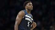 Nov 19, 2025; Minneapolis, Minnesota, USA; Minnesota Timberwolves guard Anthony Edwards (5) looks on against the Washington Wizards in the first half at Target Center.