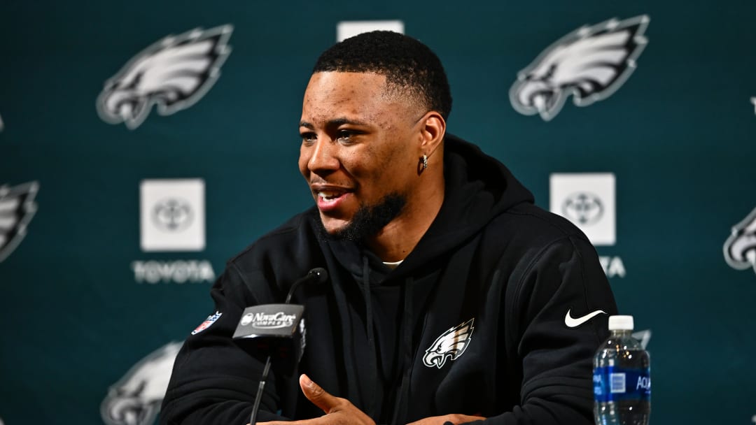 Mar 14, 2024; Philadelphia, PA, USA; Philadelphia Eagles running back Saquon Barkley speaks during a