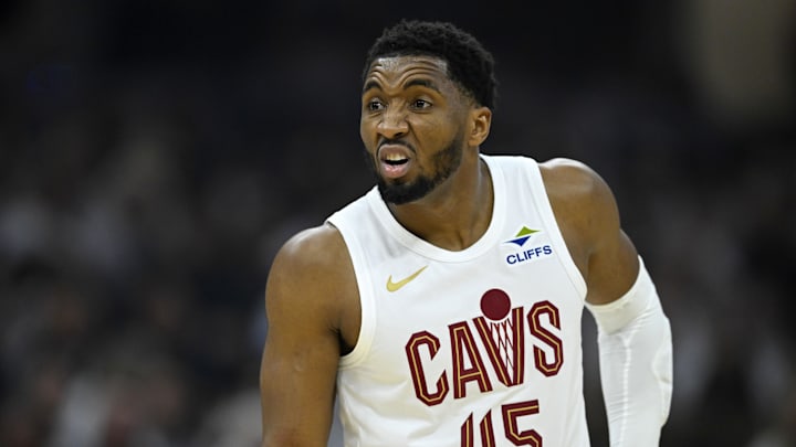 Apr 29, 2026; Cleveland, Ohio, USA; Cleveland Cavaliers guard Donovan Mitchell (45) reacts against the Toronto Raptors in the first quarter of game five of the first round of the 2026 NBA Playoffs at Rocket Arena. Mandatory Credit: David Richard-Imagn Images