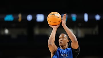 Apr 4, 2025; San Antonio, TX, USA; Duke Blue Devils forward Maliq Brown (6) during a practice session for the Final Four of the 2025 NCAA tournament at Alamodome. Mandatory Credit: Bob Donnan-Imagn Images