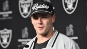 Apr 26, 2024; Henderson, NV, USA; Las Vegas Raiders tight end Brock Bowers speaks to the media at Intermountain Health Performance Center in Henderson, NV.  Mandatory Credit: Candice Ward-USA TODAY Sports