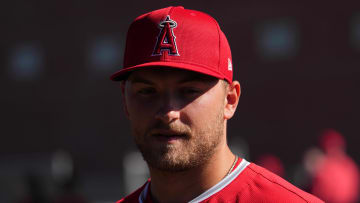 Feb 16, 2024; Tempe, AZ, USA; Los Angeles Angels starting pitcher Reid Detmers (48) looks on during a Spring Training workout at Tempe Diablo Stadium. Mandatory Credit: Joe Camporeale-USA TODAY Sports