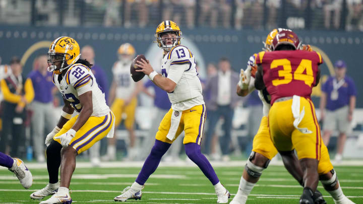 Sep 1, 2024; Paradise, Nevada, USA; LSU Tigers quarterback Garrett Nussmeier (13) throws the ball in the first half against the Southern California Trojans at Allegiant Stadium. Mandatory Credit: Kirby Lee-USA TODAY Sports