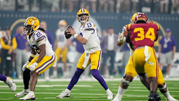 Sep 1, 2024; Paradise, Nevada, USA; LSU Tigers quarterback Garrett Nussmeier (13) throws the ball in the first half against the Southern California Trojans at Allegiant Stadium. Mandatory Credit: Kirby Lee-Imagn Images