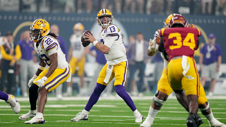 Sep 1, 2024; Paradise, Nevada, USA; LSU Tigers quarterback Garrett Nussmeier (13) throws the ball in the first half against the Southern California Trojans at Allegiant Stadium. Mandatory Credit: Kirby Lee-Imagn Images