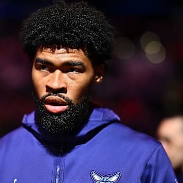 Mar 16, 2024; Philadelphia, Pennsylvania, USA; Charlotte Hornets center Nick Richards (4) is introduced before the game against the Philadelphia 76ers at Wells Fargo Center. Mandatory Credit: Kyle Ross-Imagn Images