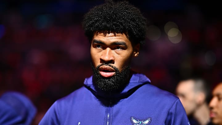 Mar 16, 2024; Philadelphia, Pennsylvania, USA; Charlotte Hornets center Nick Richards (4) is introduced before the game against the Philadelphia 76ers at Wells Fargo Center. Mandatory Credit: Kyle Ross-Imagn Images