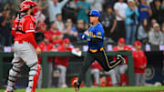 Sep 11, 2025; Seattle, Washington, USA; Seattle Mariners second baseman Leo Rivas (76) scores a run against the Los Angeles Angels during the second inning at T-Mobile Park. Mandatory Credit: Steven Bisig-Imagn Images