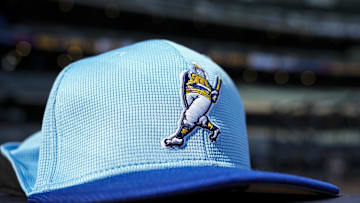 Jul 27, 2024; Milwaukee, Wisconsin, USA;  General view of a Milwaukee Brewers alternate logo cap prior to the game against the Miami Marlins at American Family Field. Mandatory Credit: Jeff Hanisch-Imagn Images