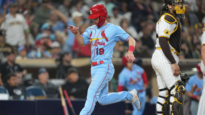 Sep 23, 2023; San Diego, California, USA; St. Louis Cardinals second baseman Tommy Edman (19) scores on a sacrifice fly by left fielder Richie Palacios (not pictured)  against the San Diego Padres during the eleventh inning at Petco Park. Mandatory Credit: Ray Acevedo-USA TODAY Sports