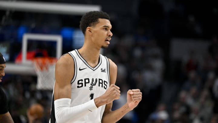 Feb 14, 2024; Dallas, Texas, USA; San Antonio Spurs center Victor Wembanyama (1) celebrates after making a shot against the Dallas Mavericks during the fist quarter at the American Airlines Center. Mandatory Credit: Jerome Miron-USA TODAY Sports