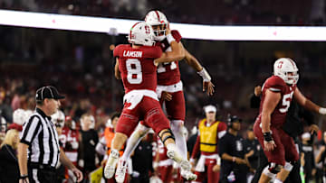 Aug 30, 2024; Stanford, California, USA; Stanford Cardinal quarterback Justin Lamson (8) celebrates after scoring a touchdown during the second half against the TCU Horned Frogs at Stanford Stadium. Mandatory Credit: Sergio Estrada-Imagn Images
