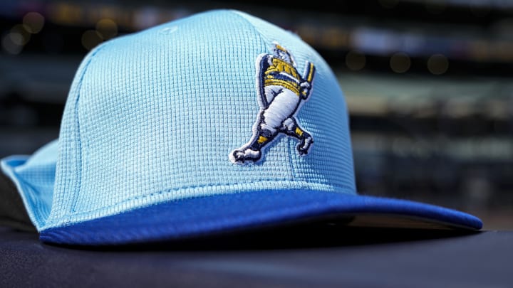 Jul 27, 2024; Milwaukee, Wisconsin, USA;  General view of a Milwaukee Brewers alternate logo cap prior to the game against the Miami Marlins at American Family Field. Mandatory Credit: Jeff Hanisch-USA TODAY Sports