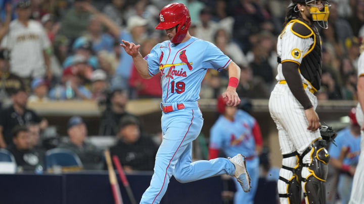 Sep 23, 2023; San Diego, California, USA; St. Louis Cardinals second baseman Tommy Edman (19) scores on a sacrifice fly by left fielder Richie Palacios (not pictured)  against the San Diego Padres during the eleventh inning at Petco Park. Mandatory Credit: Ray Acevedo-USA TODAY Sports