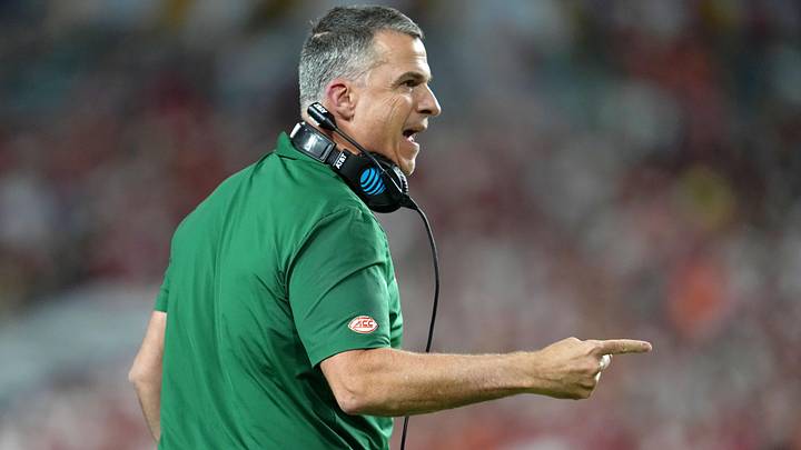 Jan 19, 2026; Miami Gardens, FL, USA; Miami Hurricanes head coach Mario Cristobal reacts after a play against the Indiana Hoosiers during the first half of the College Football Playoff National Championship game at Hard Rock Stadium. Mandatory Credit: Kirby Lee-Imagn Images