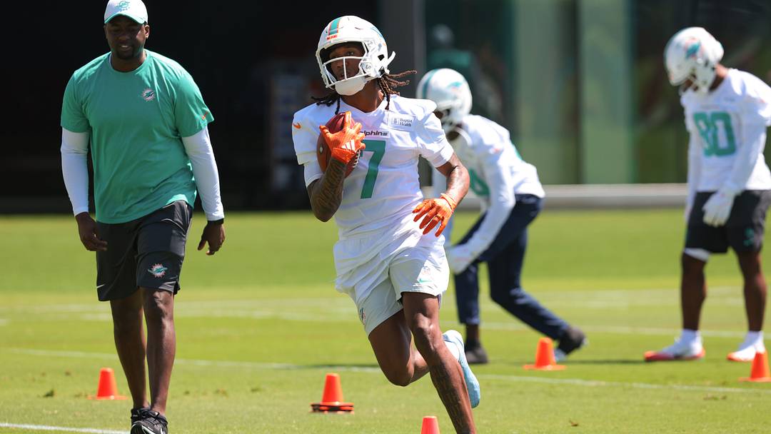 Miami Dolphins wide receiver Caleb Douglas (7) works during rookie minicamp at the Baptist Health Training Complex. Miami Dolphins wide receiver Caleb Douglas (7) works during rookie minicamp at the Baptist Health Training Complex.