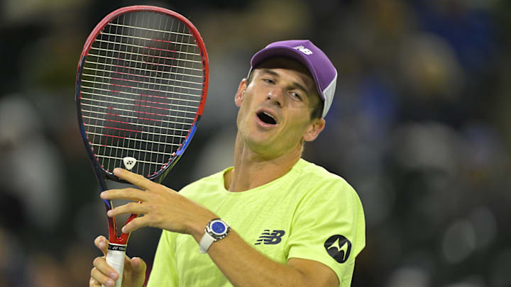 Tommy Paul reacts after missing a shot in the semi-final match against Daniil Medvedev in the BNP Paribas Open at the Indian Wells Tennis Garden. Tommy Paul reacts after missing a shot in the semi-final match against Daniil Medvedev in the BNP Paribas Open at the Indian Wells Tennis Garden.