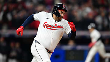 Oct 18, 2024; Cleveland, Ohio, USA; Cleveland Guardians first baseman Josh Naylor (22) runs after hitting a two RBI double in the seventh inning against the New York Yankees during game four of the ALCS for the 2024 MLB playoffs at Progressive Field.