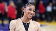 Oct 24, 2025; Los Angeles, California, USA; NBA on Prime analyst Candace Parker during the game between the Minnesota Timberwolves and the Los Angeles Lakers at Crypto.com Arena. Mandatory Credit: Kirby Lee-Imagn Images