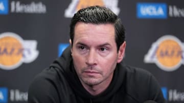 Nov 18, 2025; Los Angeles, California, USA; Los Angeles Lakers head coach JJ Redick at press conference at Crypto.com Arena. Mandatory Credit: Kirby Lee-Imagn Images