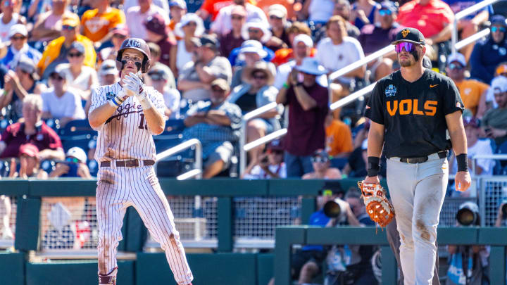 Jun 23, 2024; Omaha, NE, USA; Texas A&M Aggies left fielder Caden Sorrell (13) celebrates after a single against the Tennessee Volunteers during the ninth inning at Charles Schwab Field Omaha. Mandatory Credit: Dylan Widger-USA TODAY Sports