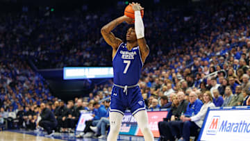 Nov 29, 2024; Lexington, Kentucky, USA; Georgia State Panthers forward Zarique Nutter (7) shoots the ball during the first half against the Kentucky Wildcats at Rupp Arena at Central Bank Center. Mandatory Credit: Jordan Prather-Imagn Images