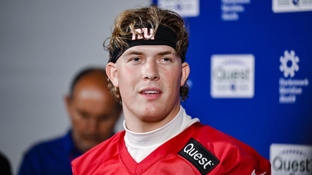 Jun 18, 2025; East Rutherford, NJ, USA; New York Giants quarterback Jaxson Dart (6) speaks at a press conference during minicamp at Quest Diagnostics Training Center. Mandatory Credit: John Jones-Imagn Images