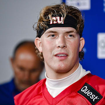 Jun 18, 2025; East Rutherford, NJ, USA; New York Giants quarterback Jaxson Dart (6) speaks at a press conference during minicamp at Quest Diagnostics Training Center.  