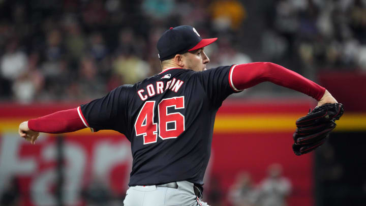 Jul 30, 2024; Phoenix, Arizona, USA; Washington Nationals pitcher Patrick Corbin (46) pitches against the Arizona Diamondbacks during the first inning at Chase Field.