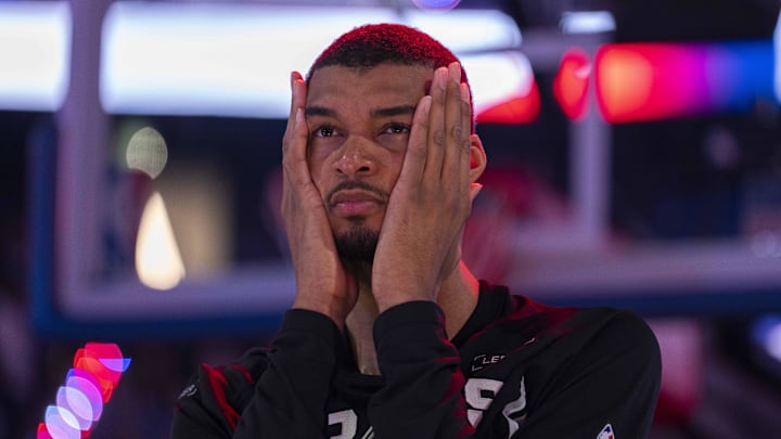 Apr 1, 2026; San Francisco, California, USA; San Antonio Spurs center Victor Wembanyama (1) stands on the court before the start of the game against the Golden State Warriors at the Chase Center. Mandatory Credit: Cary Edmondson-Imagn Images