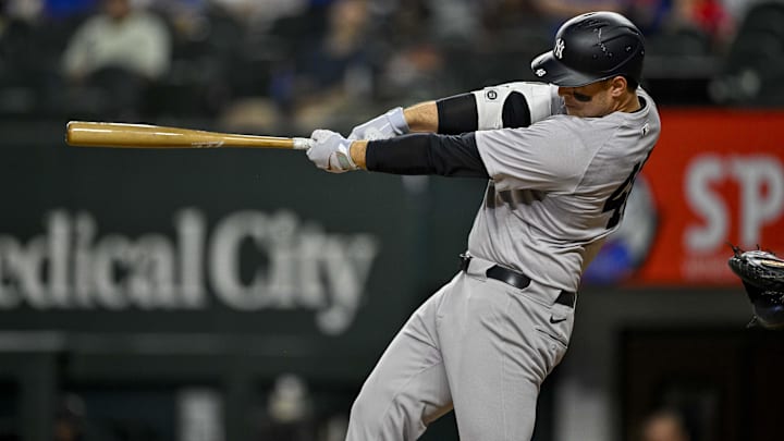 Sep 2, 2024; Arlington, Texas, USA; New York Yankees first baseman Anthony Rizzo (48) in action during the game between the Texas Rangers and the New York Yankees at Globe Life Field.