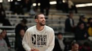 Feb 16, 2025; Oakland, California, USA;  Team Earn Your Leisure guard Erik Stevenson (10) of the Capital City Go-Go warms up before a game against Team Braxton at Moscone Center. Mandatory Credit: Darren Yamashita-Imagn Images