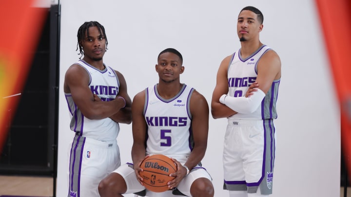 Sep 27, 2021; Sacramento Kings, CA, USA; Sacramento Kings guard Davion Mitchell (15) and guard De'Aaron Fox (5) and guard Tyrese Haliburton (0) during media day. Mandatory Credit: Sergio Estrada-USA TODAY Sports