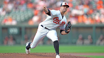 Aug 9, 2023; Baltimore, Maryland, USA; Baltimore Orioles pitcher Jack Flaherty (15) delivers in the first inning against the Houston Astros at Oriole Park at Camden Yards. Mandatory Credit: Mitch Stringer-Imagn Images
